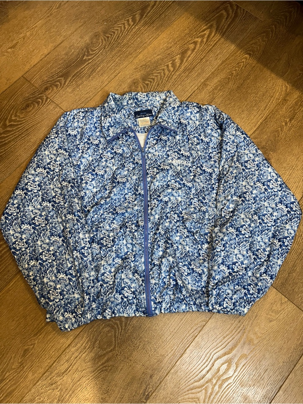 Vintage Brooks Blue White Floral Zip Front Jacket - M windbreaker